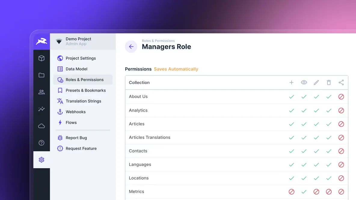 Directus interface: roles and permissions management