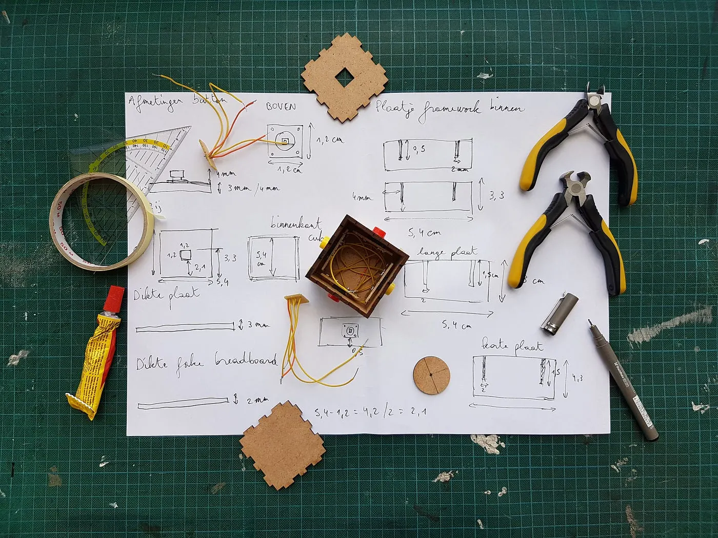 Prototype sketches on a sheet of paper, with tools laid on a green mat