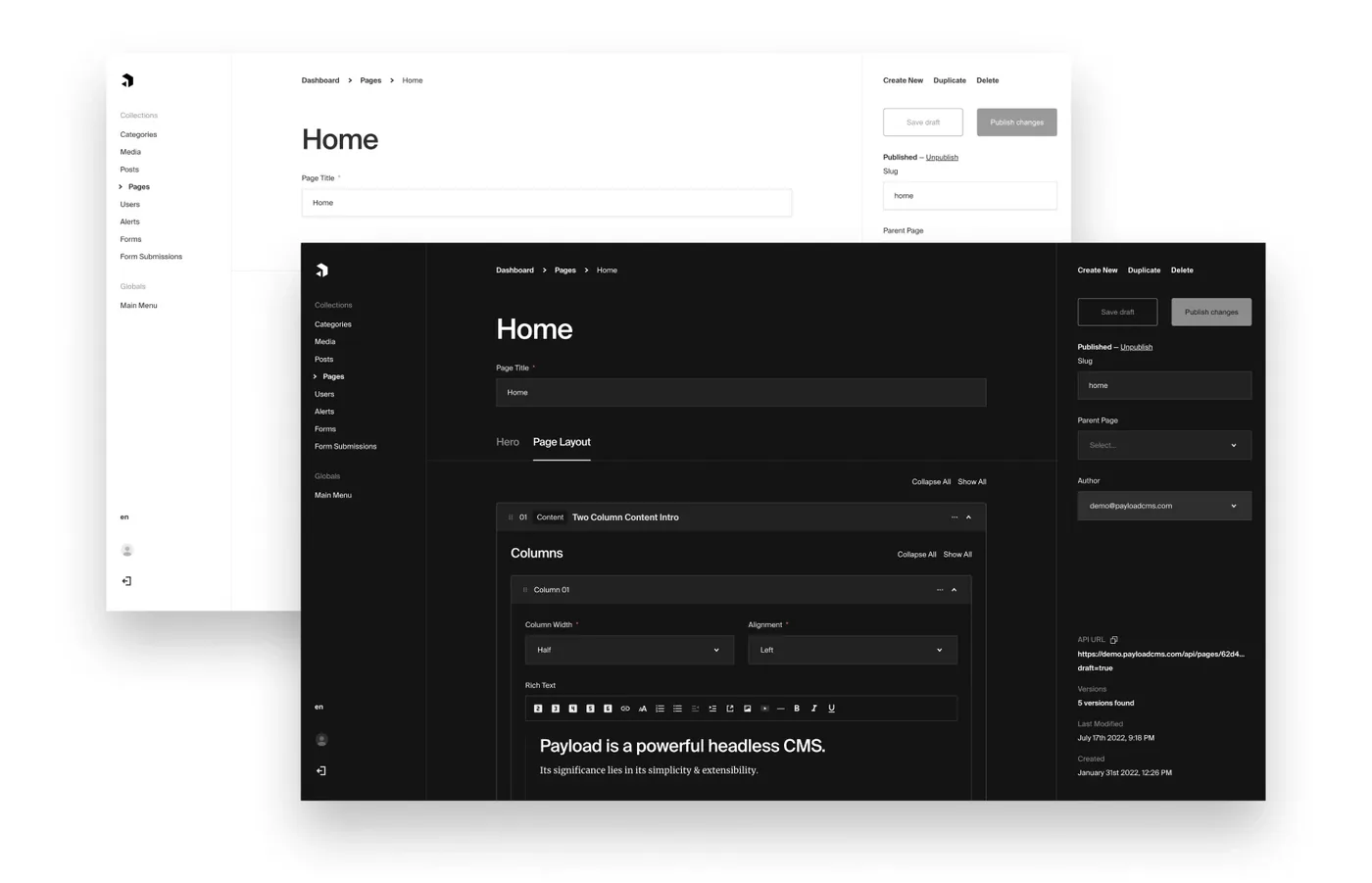 Payload admin interface in light and dark mode
