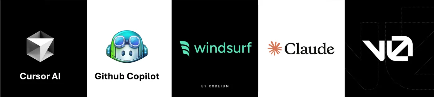 Logos de Cursor AI, GitHub Copilot, Windsurf, Claude et v0